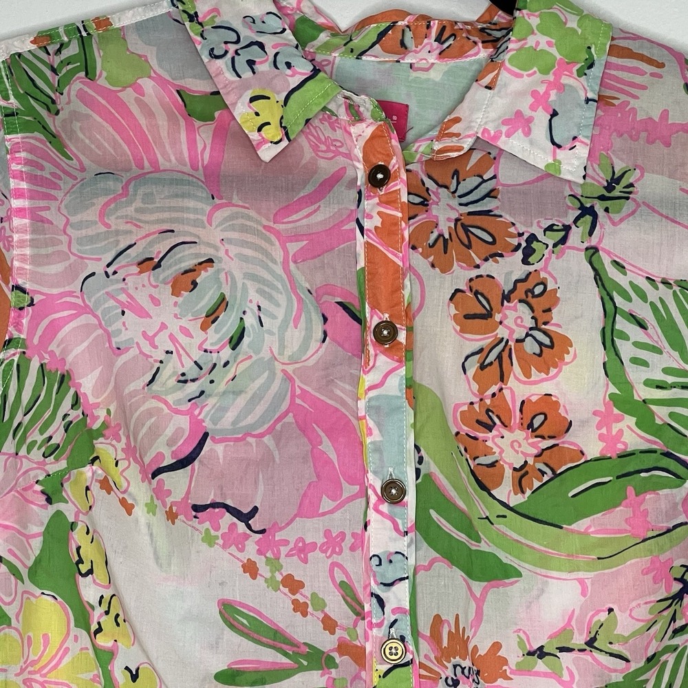LILLY PULITZER Target Nosey Posey Floral Button up Blouse Tab Sleeve Size Sz S - Picture 2 of 9